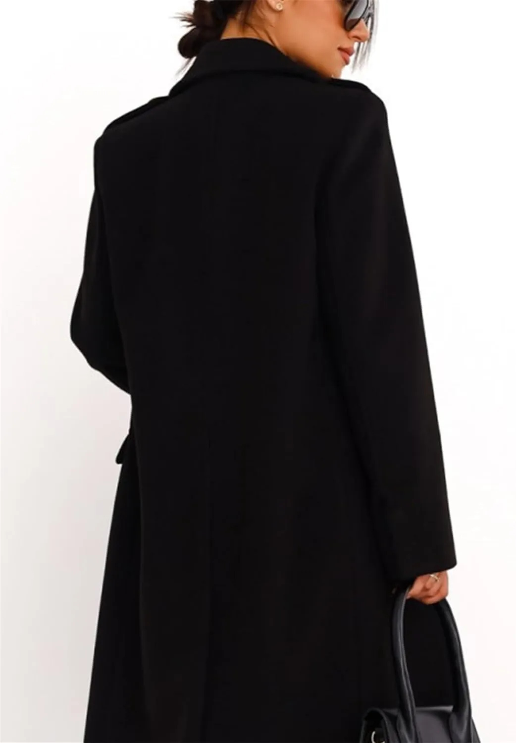 YMING Women Winter Wool Blend Mid-Long Coat Double-Breasted Notch Lapel Jacket Solid Color Outwear with Pockets