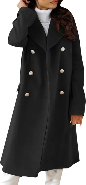 YMING Women Winter Wool Blend Mid-Long Coat Double-Breasted Notch Lapel Jacket Solid Color Outwear with Pockets