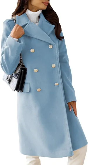 YMING Women Winter Wool Blend Mid-Long Coat Double-Breasted Notch Lapel Jacket Solid Color Outwear with Pockets