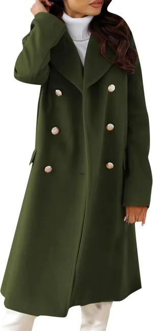 YMING Women Winter Wool Blend Mid-Long Coat Double-Breasted Notch Lapel Jacket Solid Color Outwear with Pockets