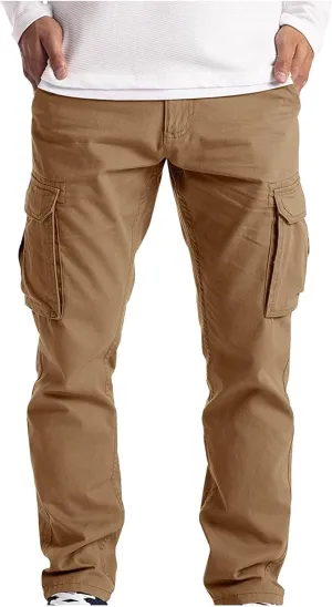 Ymosrh Mens Large Tall Pants Men's Slim Fashion Solid Color Casual Pants Multi Pocket Straight Cargo Pants Stretch