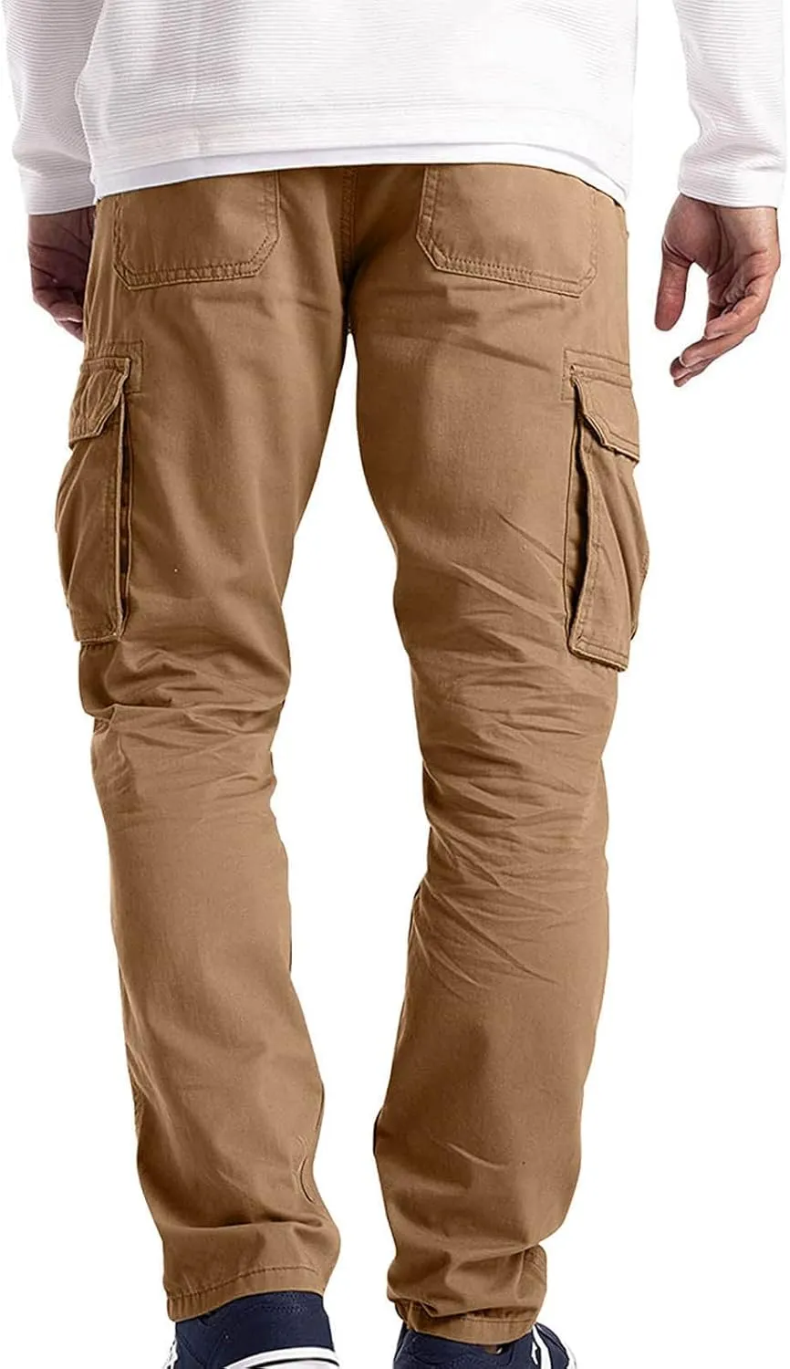 Ymosrh Mens Large Tall Pants Men's Slim Fashion Solid Color Casual Pants Multi Pocket Straight Cargo Pants Stretch