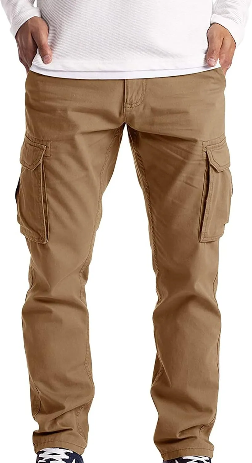 Ymosrh Mens Large Tall Pants Men's Slim Fashion Solid Color Casual Pants Multi Pocket Straight Cargo Pants Stretch