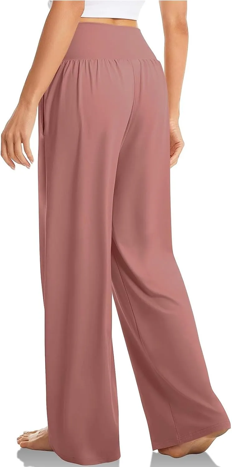 Yoga Pants with Pockets for Women Crossover V Waist Wide Leg High Waisted Casual Lounge Pants Straight Leg Pull on Pants
