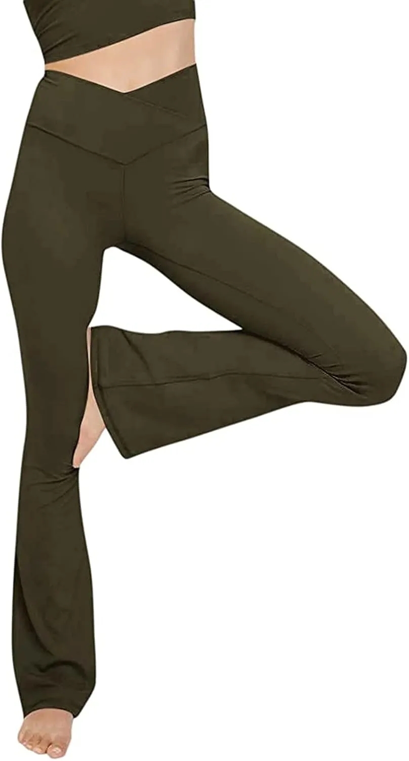 Yoga Pants Women Flare High Waisted Leggings Tummy Control Bell Bottom Cross Waist Leggings Wide Leg Casual Pants