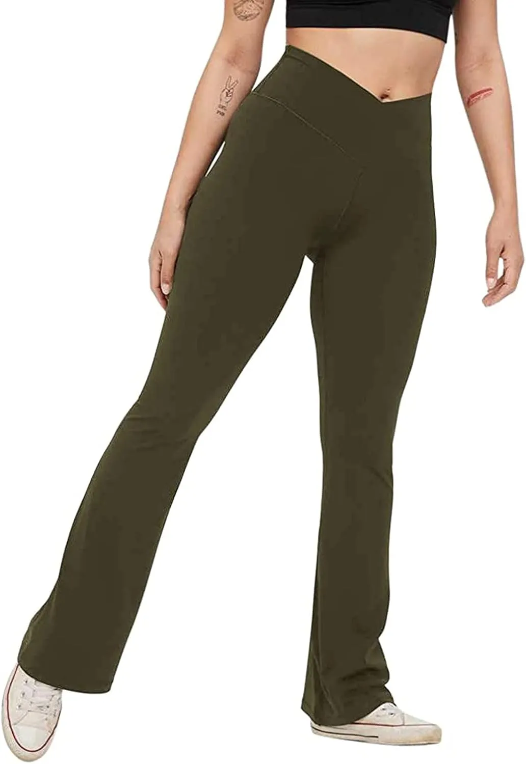Yoga Pants Women Flare High Waisted Leggings Tummy Control Bell Bottom Cross Waist Leggings Wide Leg Casual Pants