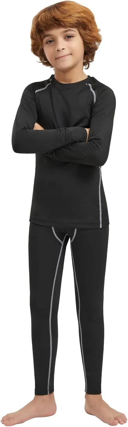 Youth Boys Thermal Underwear Set Compression Fleece Lined Leggings with Athletic Shirts Base Layer