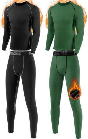 Youth Boys Thermal Underwear Set Compression Fleece Lined Leggings with Athletic Shirts Base Layer