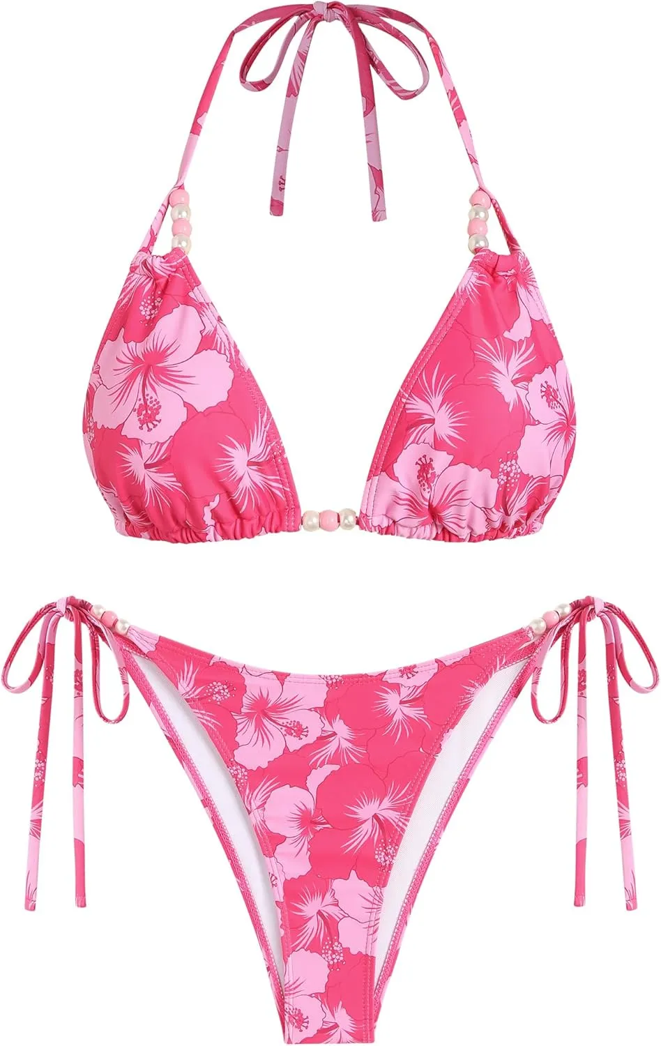 ZAFUL Floral Halter Bikini Set for Women Triangle Tie Side 2 Piece Bathing Suit Beading Cheeky Swimsuit