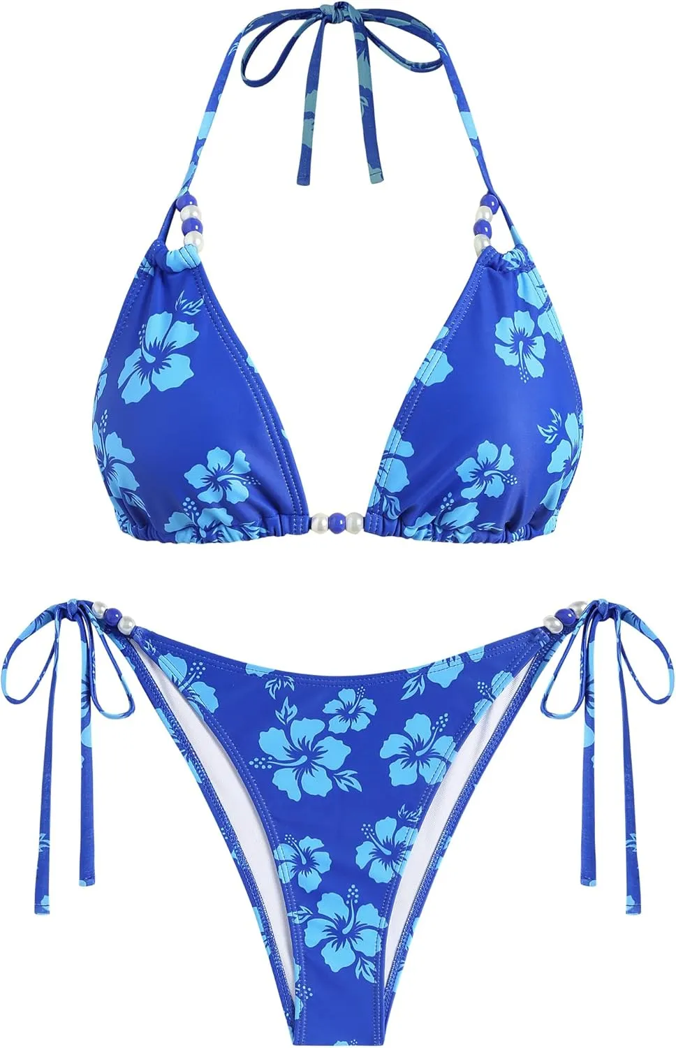 ZAFUL Floral Halter Bikini Set for Women Triangle Tie Side 2 Piece Bathing Suit Beading Cheeky Swimsuit