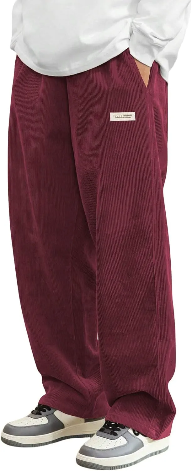 ZAFUL Mens Corduroy Straight Leg Pants Long Solid Elastic Waist Casual Pants Loose Fit Going Out Pants with Pockets