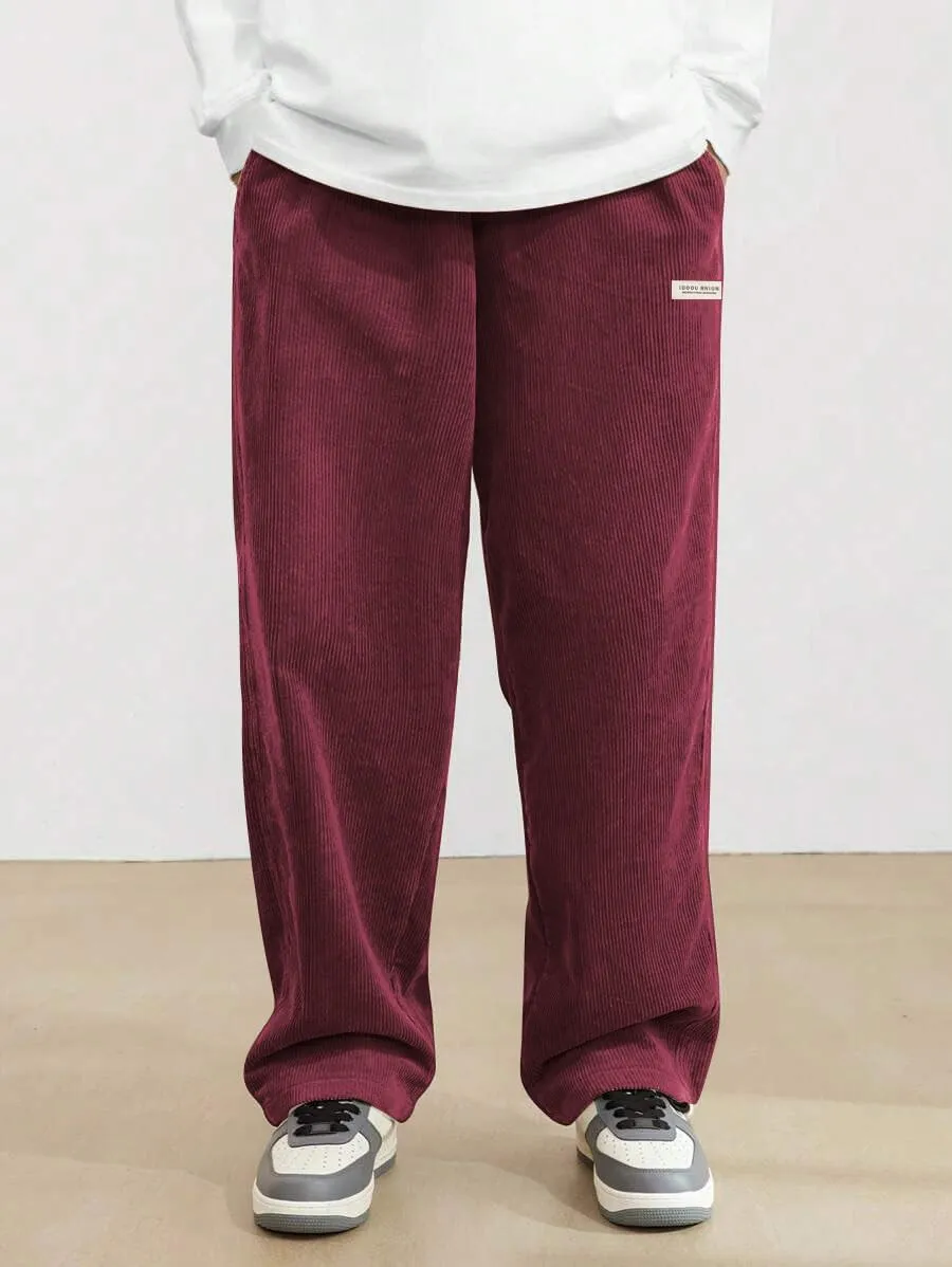 ZAFUL Mens Corduroy Straight Leg Pants Long Solid Elastic Waist Casual Pants Loose Fit Going Out Pants with Pockets