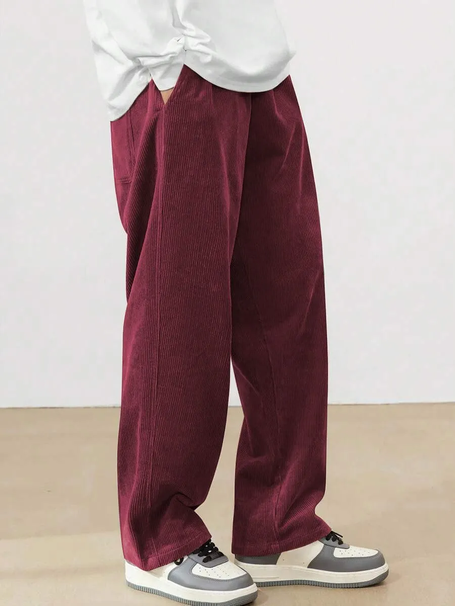 ZAFUL Mens Corduroy Straight Leg Pants Long Solid Elastic Waist Casual Pants Loose Fit Going Out Pants with Pockets