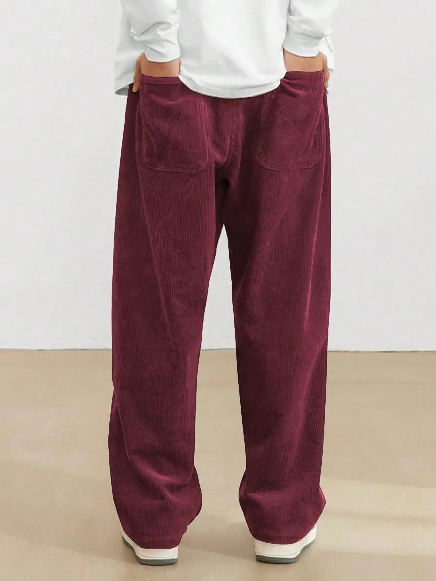 ZAFUL Mens Corduroy Straight Leg Pants Long Solid Elastic Waist Casual Pants Loose Fit Going Out Pants with Pockets