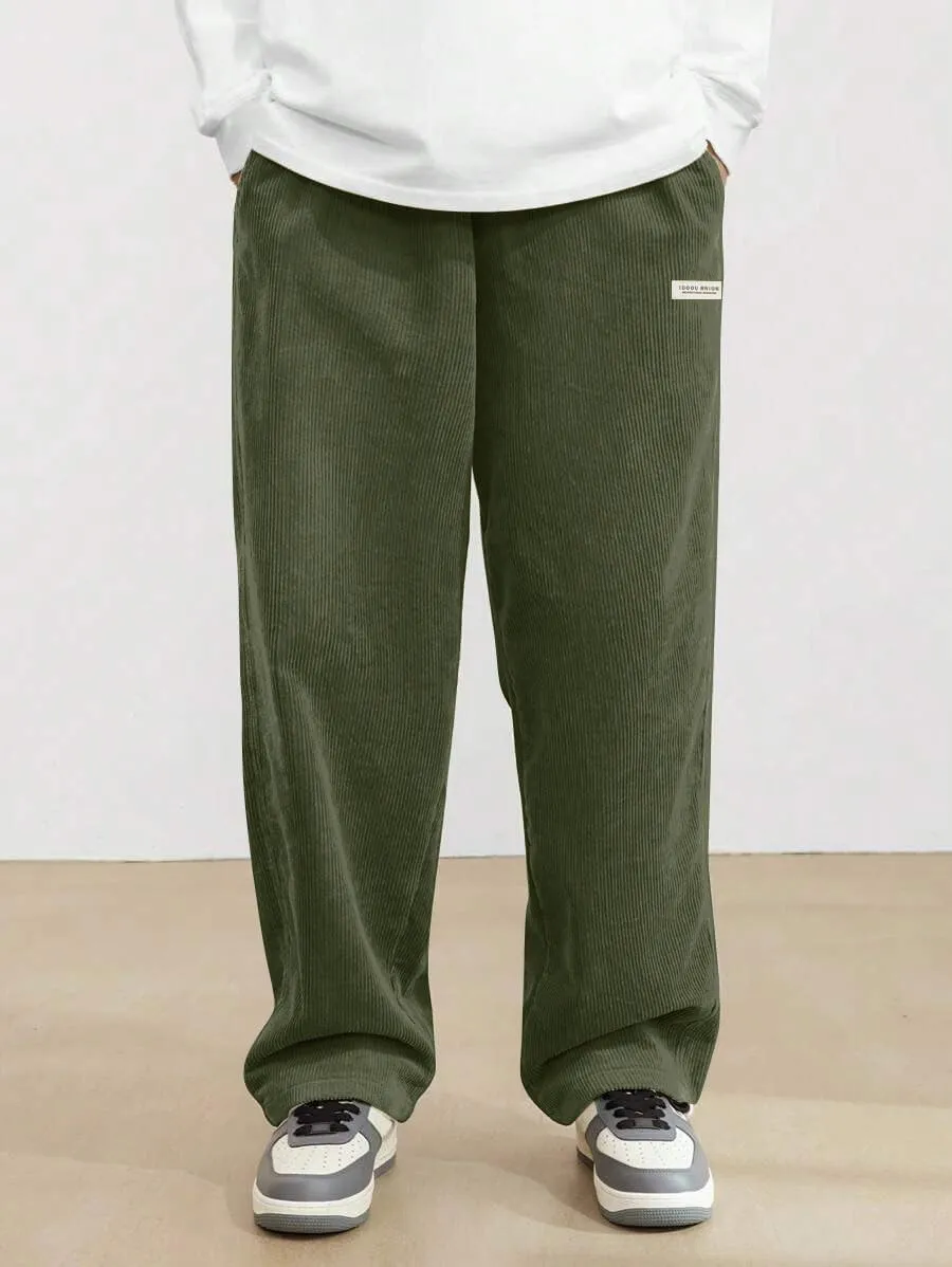 ZAFUL Mens Corduroy Straight Leg Pants Long Solid Elastic Waist Casual Pants Loose Fit Going Out Pants with Pockets