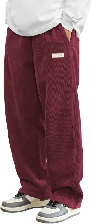 ZAFUL Mens Corduroy Straight Leg Pants Long Solid Elastic Waist Casual Pants Loose Fit Going Out Pants with Pockets