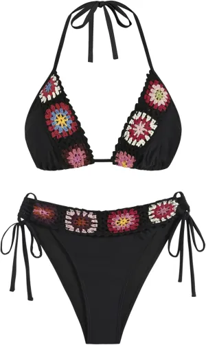ZAFUL Women's Halter Triangle Bikini Set Crochet Boho Floral Swimsuit Cut Out Tie Side Two Piece Bathing Suit