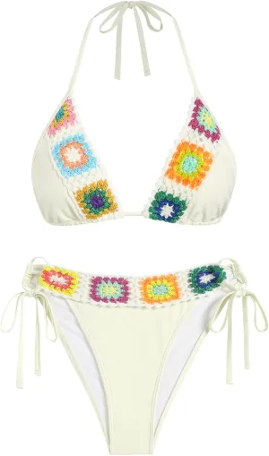 ZAFUL Women's Halter Triangle Bikini Set Crochet Boho Floral Swimsuit Cut Out Tie Side Two Piece Bathing Suit