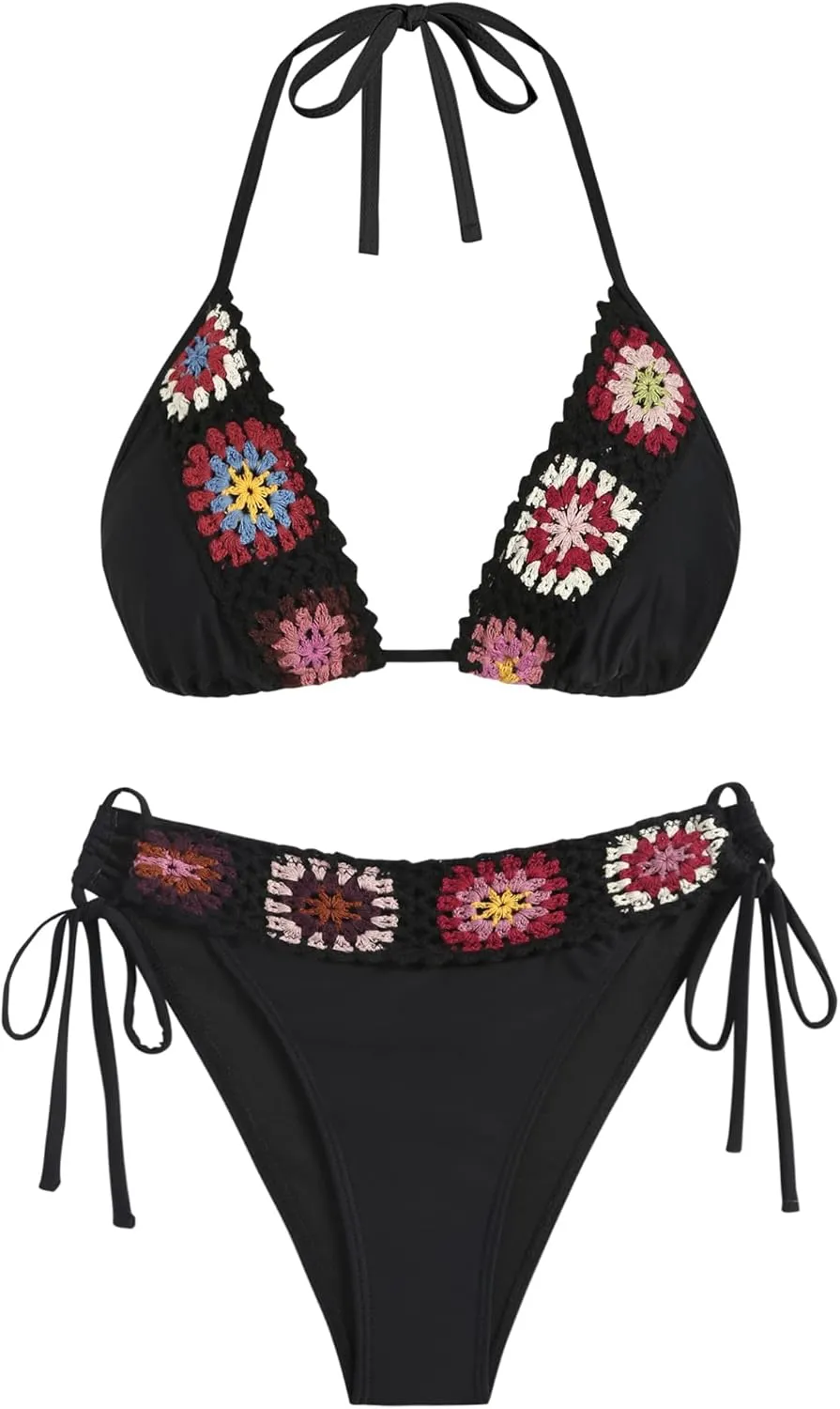 ZAFUL Women's Halter Triangle Bikini Set Crochet Boho Floral Swimsuit Cut Out Tie Side Two Piece Bathing Suit