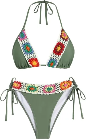 ZAFUL Women's Halter Triangle Bikini Set Crochet Boho Floral Swimsuit Cut Out Tie Side Two Piece Bathing Suit