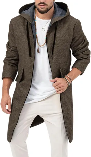ZIWOCH Mens Trench Coat Wool Blend Hoodie Long Jacket Full Zip Winter Classic Business Overcoat