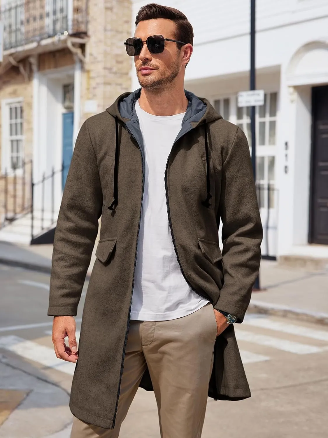 ZIWOCH Mens Trench Coat Wool Blend Hoodie Long Jacket Full Zip Winter Classic Business Overcoat