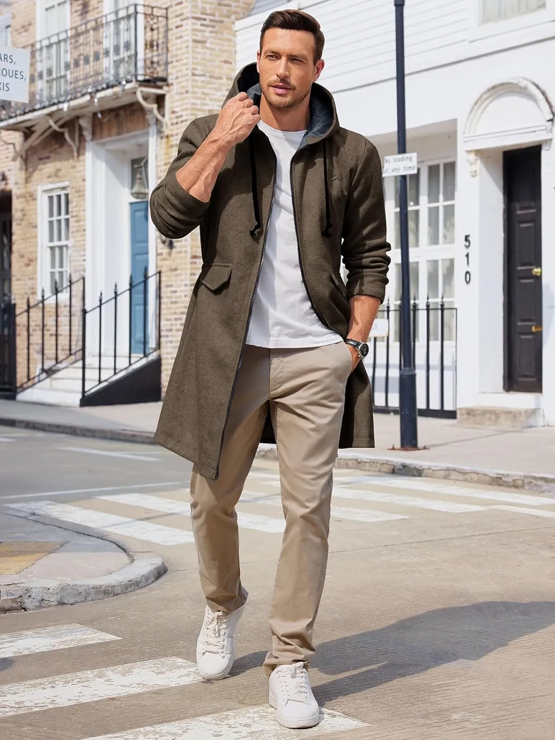 ZIWOCH Mens Trench Coat Wool Blend Hoodie Long Jacket Full Zip Winter Classic Business Overcoat