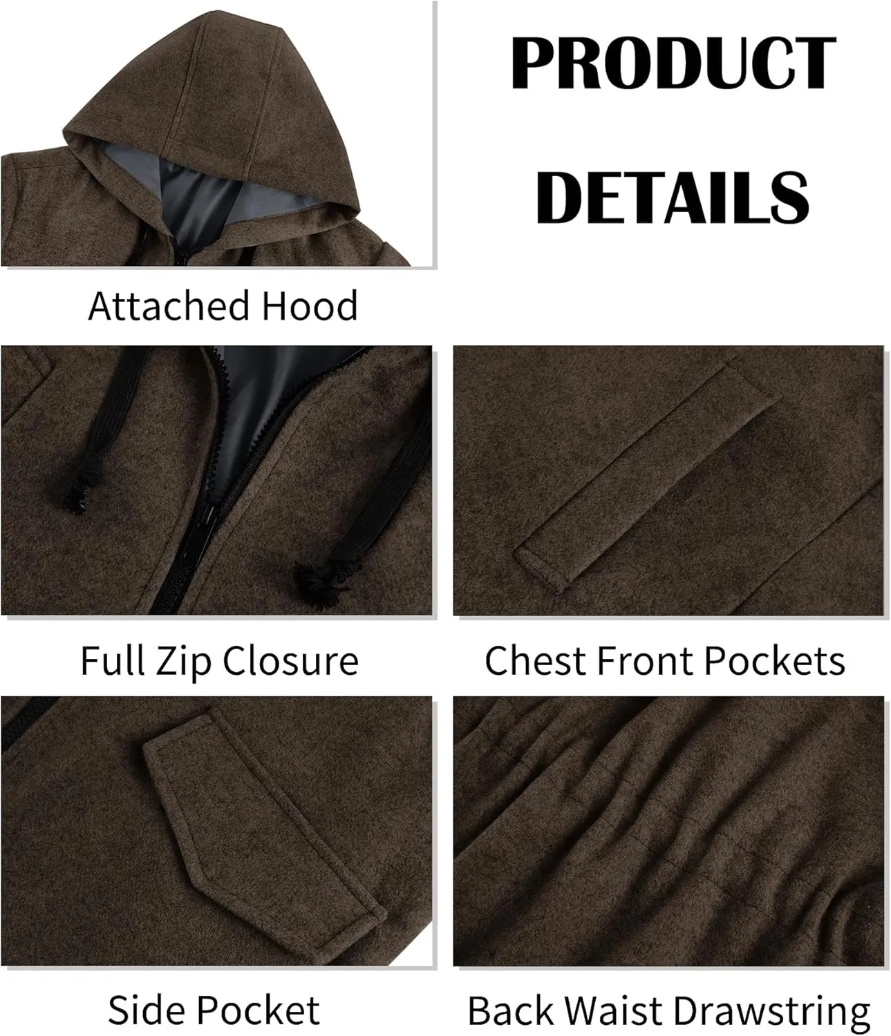 ZIWOCH Mens Trench Coat Wool Blend Hoodie Long Jacket Full Zip Winter Classic Business Overcoat