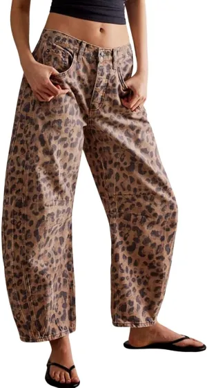ZOCANIA Leopard Print Denim Pants for Womens Baggy Jeans Barrel Pants Boyfriend Mid Rise Wide Leg Harem Pants Ankle Pants Casual Loose Fall Trousers Pants,L