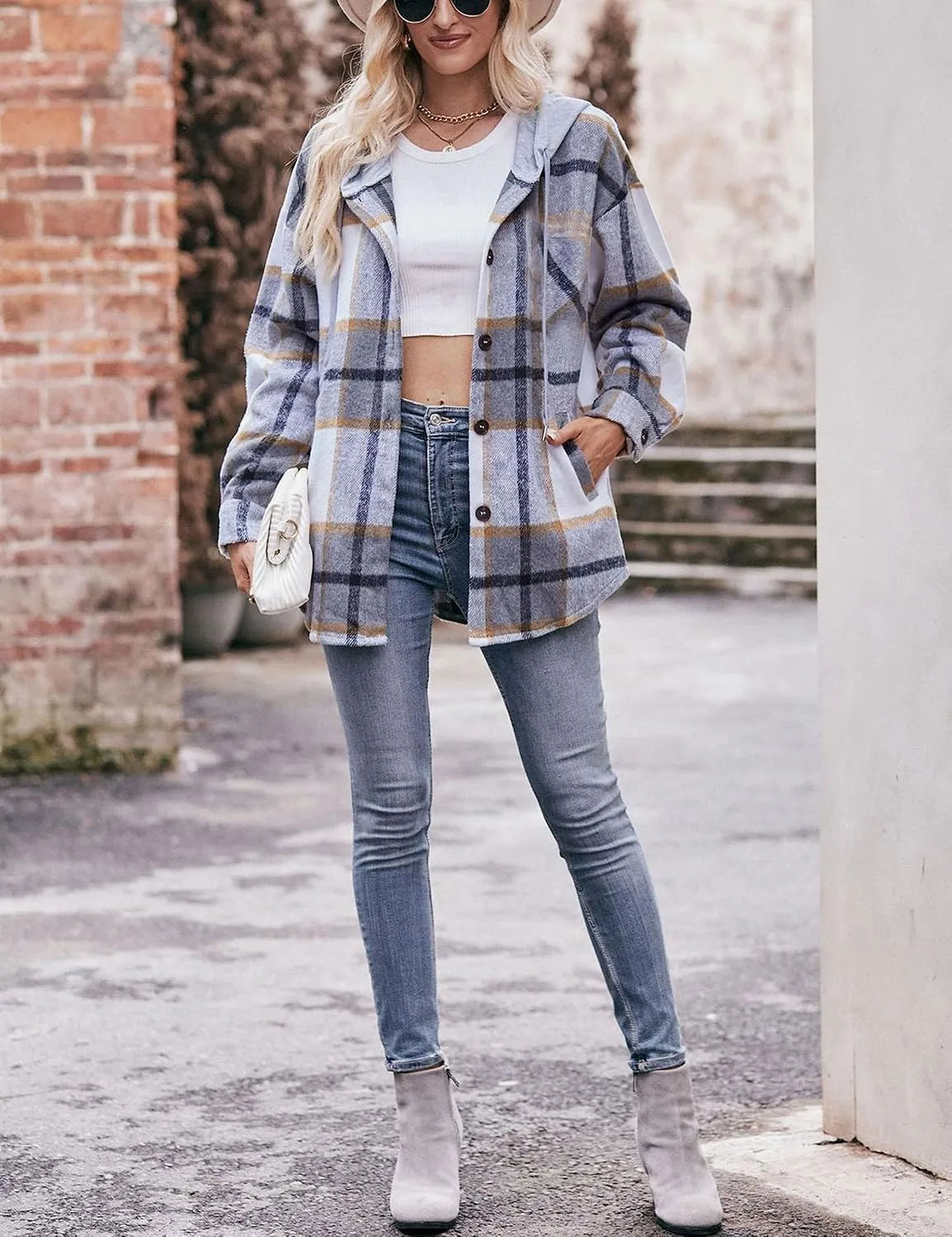 Zontroldy Womens Hooded Shacket Jacket Oversized Casual Flannel Plaid Wool Blend Button Down Shirt Coat Jackets