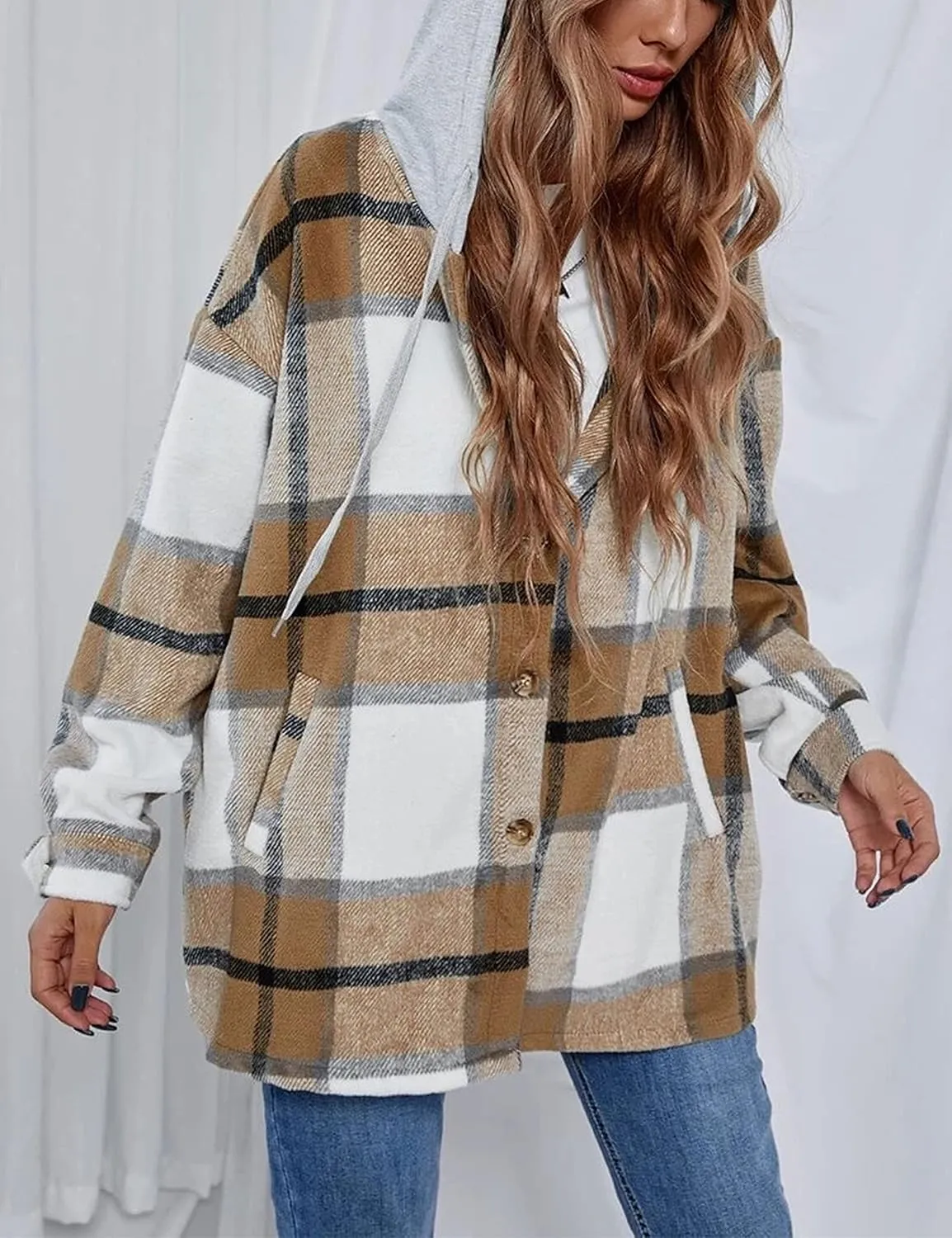 Zontroldy Womens Hooded Shacket Jacket Oversized Casual Flannel Plaid Wool Blend Button Down Shirt Coat Jackets