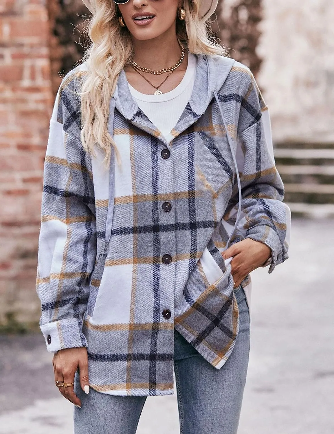 Zontroldy Womens Hooded Shacket Jacket Oversized Casual Flannel Plaid Wool Blend Button Down Shirt Coat Jackets