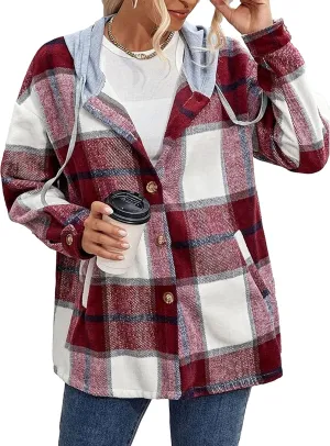 Zontroldy Womens Hooded Shacket Jacket Oversized Casual Flannel Plaid Wool Blend Button Down Shirt Coat Jackets