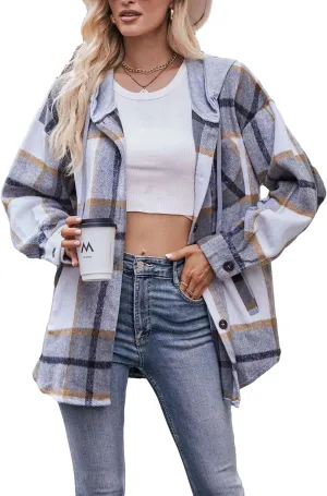 Zontroldy Womens Hooded Shacket Jacket Oversized Casual Flannel Plaid Wool Blend Button Down Shirt Coat Jackets