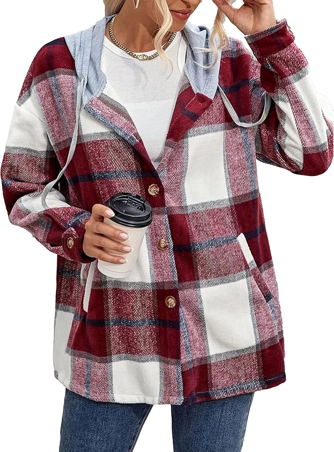 Zontroldy Womens Hooded Shacket Jacket Oversized Casual Flannel Plaid Wool Blend Button Down Shirt Coat Jackets