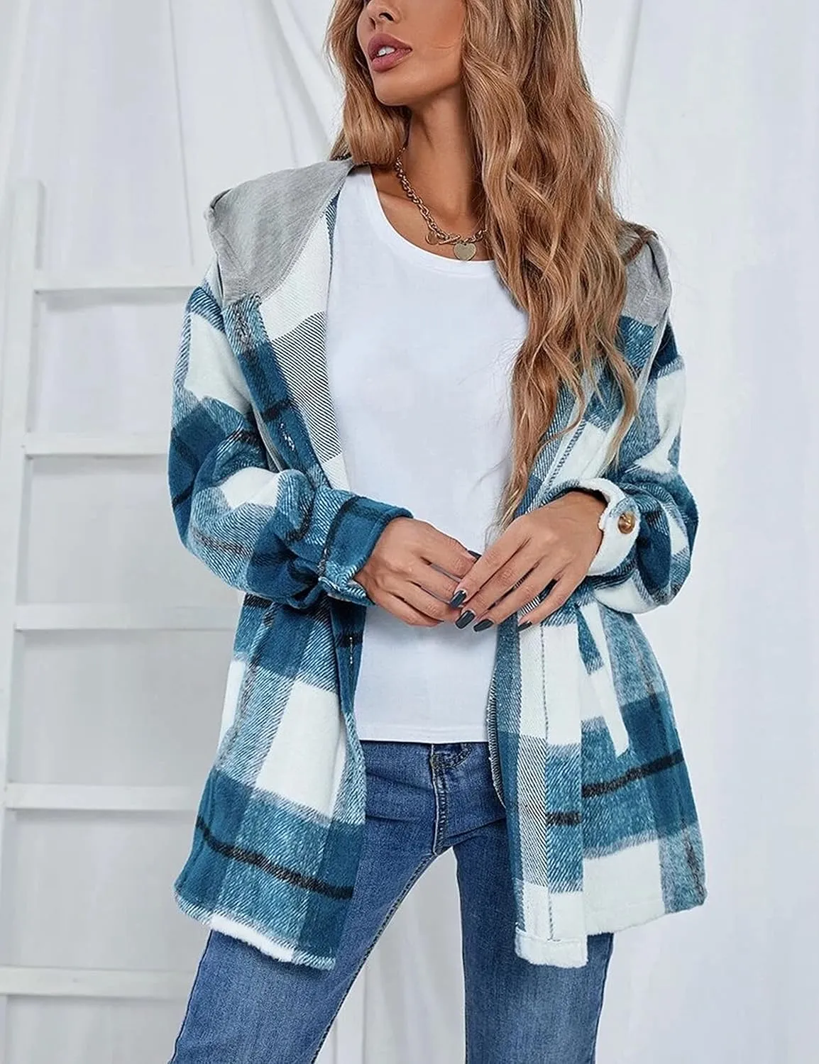 Zontroldy Womens Hooded Shacket Jacket Oversized Casual Flannel Plaid Wool Blend Button Down Shirt Coat Jackets