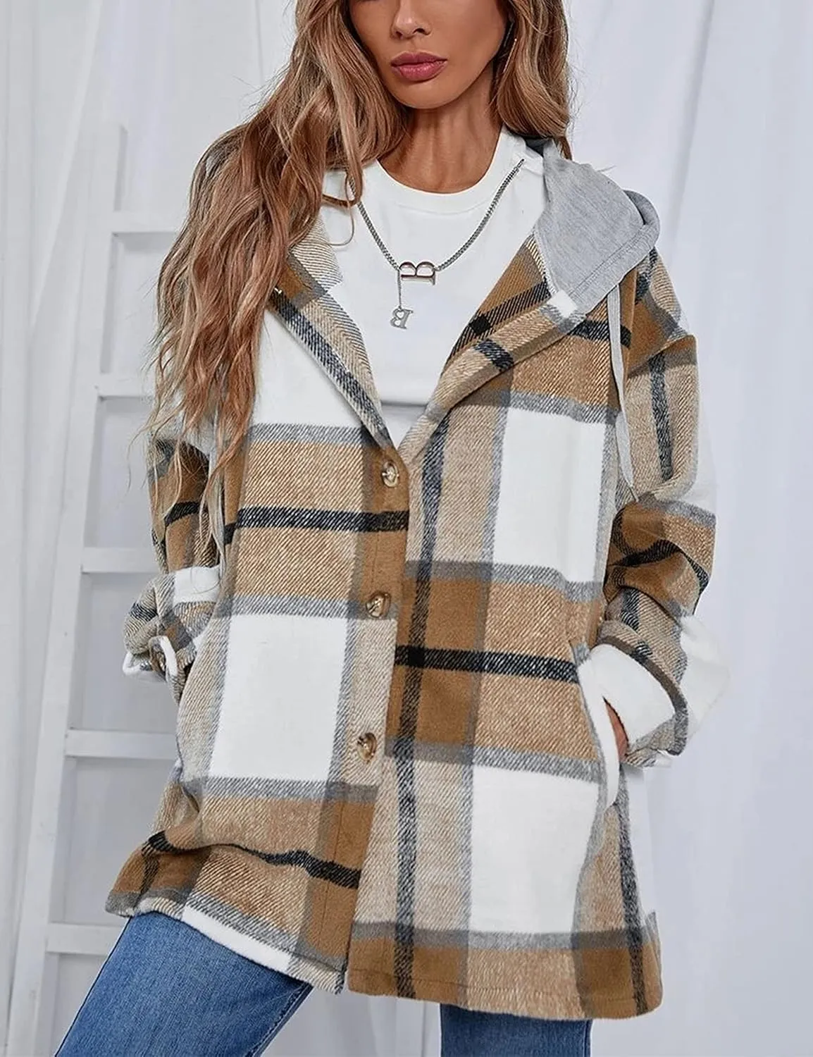 Zontroldy Womens Hooded Shacket Jacket Oversized Casual Flannel Plaid Wool Blend Button Down Shirt Coat Jackets