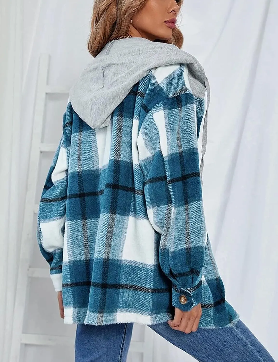 Zontroldy Womens Hooded Shacket Jacket Oversized Casual Flannel Plaid Wool Blend Button Down Shirt Coat Jackets