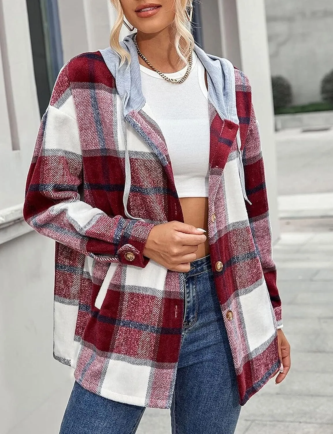 Zontroldy Womens Hooded Shacket Jacket Oversized Casual Flannel Plaid Wool Blend Button Down Shirt Coat Jackets