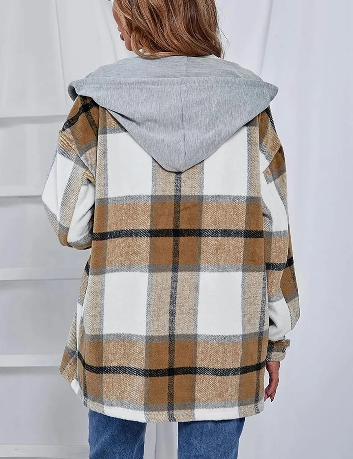 Zontroldy Womens Hooded Shacket Jacket Oversized Casual Flannel Plaid Wool Blend Button Down Shirt Coat Jackets