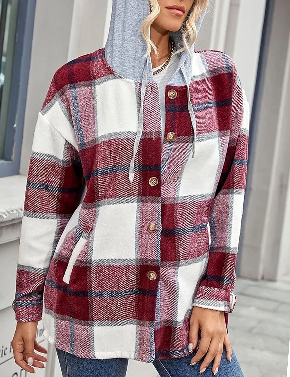 Zontroldy Womens Hooded Shacket Jacket Oversized Casual Flannel Plaid Wool Blend Button Down Shirt Coat Jackets