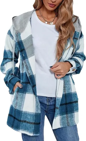Zontroldy Womens Hooded Shacket Jacket Oversized Casual Flannel Plaid Wool Blend Button Down Shirt Coat Jackets