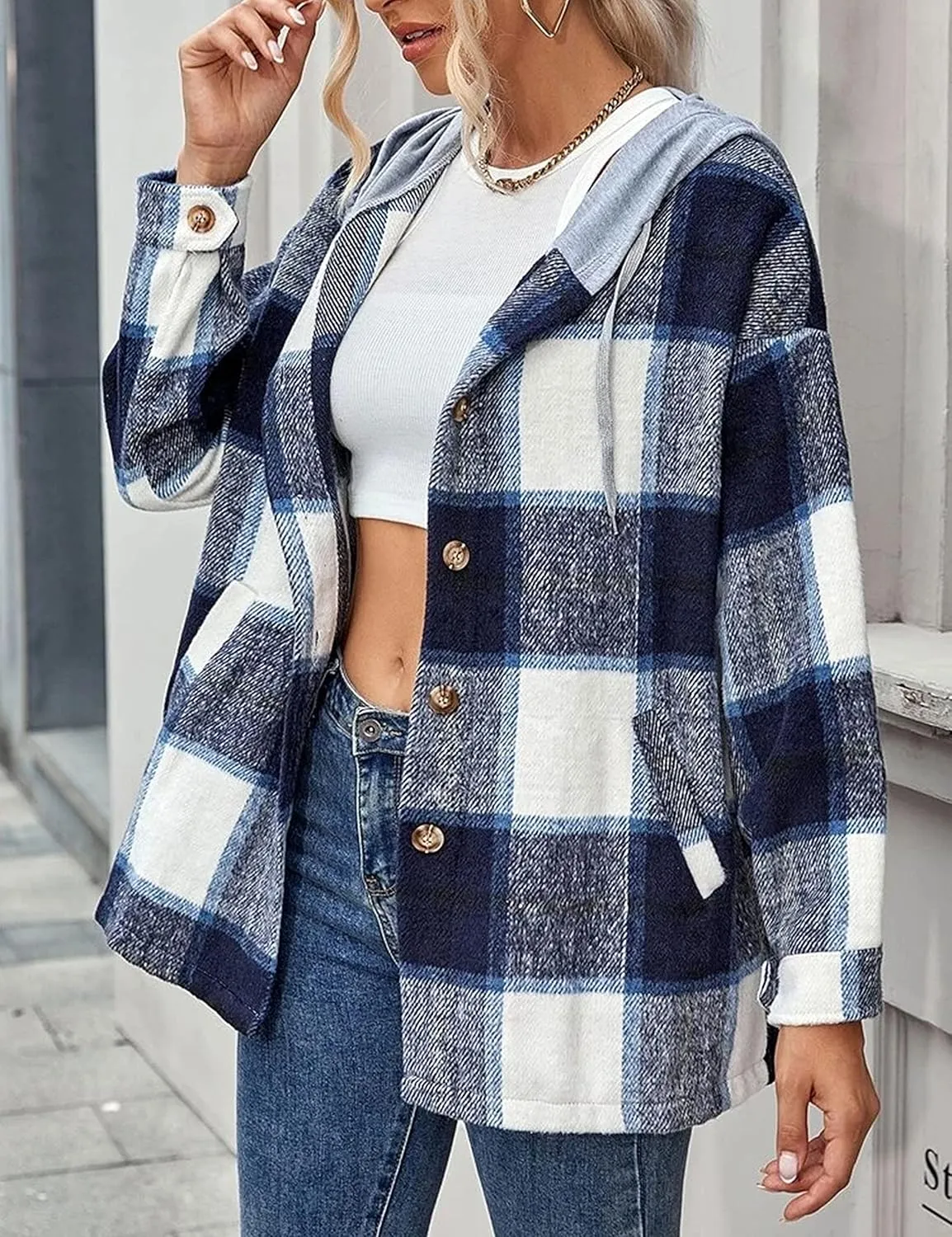 Zontroldy Womens Hooded Shacket Jacket Oversized Casual Flannel Plaid Wool Blend Button Down Shirt Coat Jackets