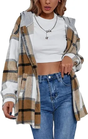 Zontroldy Womens Hooded Shacket Jacket Oversized Casual Flannel Plaid Wool Blend Button Down Shirt Coat Jackets