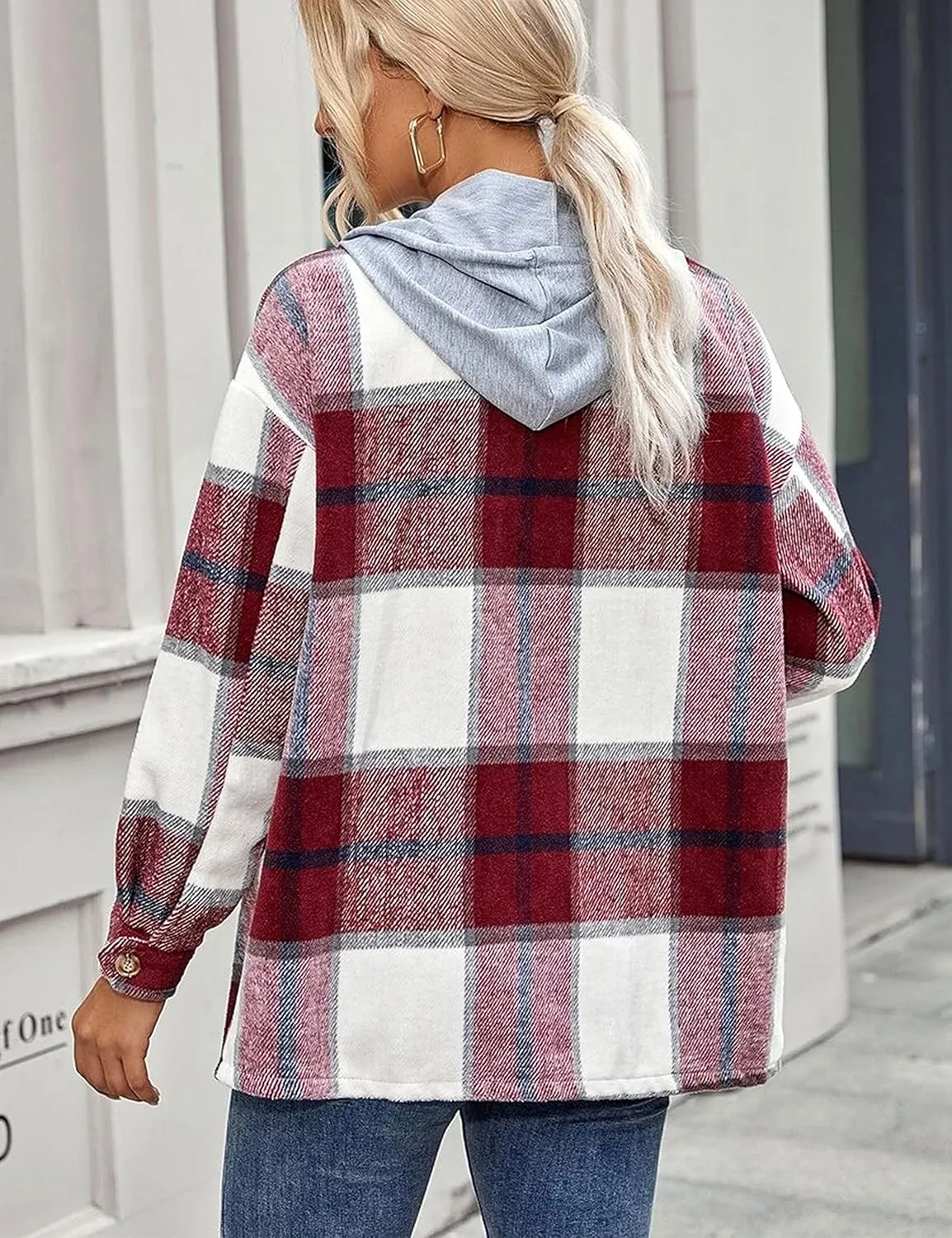 Zontroldy Womens Hooded Shacket Jacket Oversized Casual Flannel Plaid Wool Blend Button Down Shirt Coat Jackets