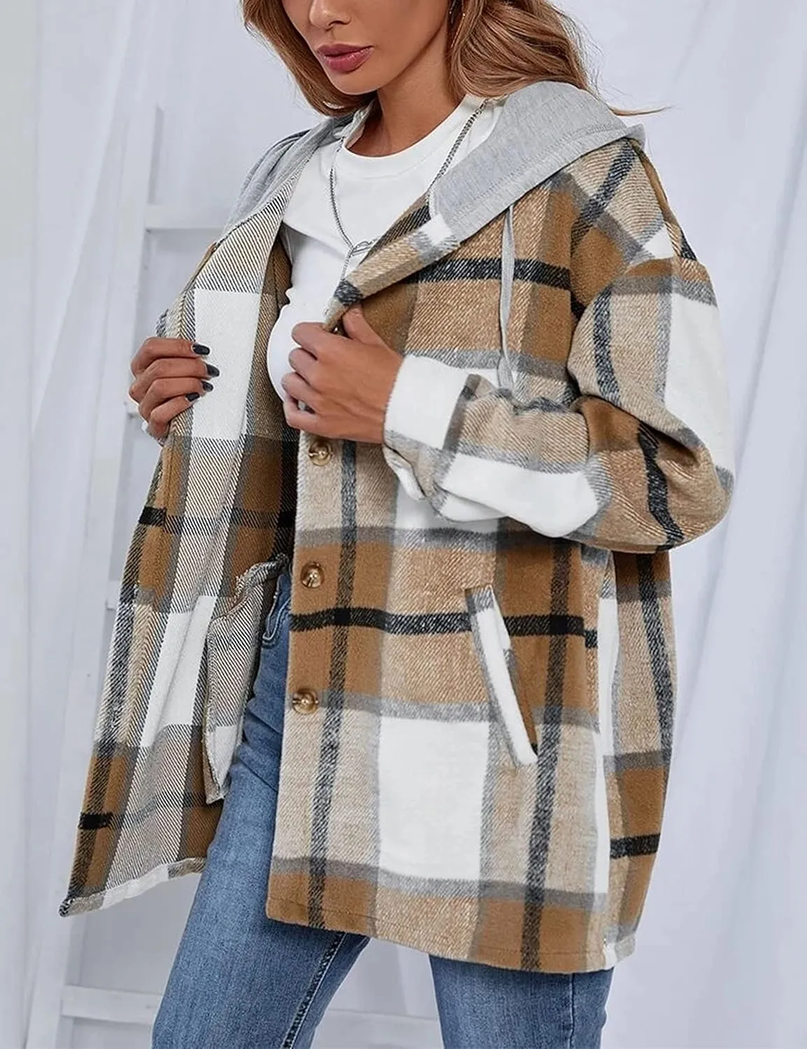 Zontroldy Womens Hooded Shacket Jacket Oversized Casual Flannel Plaid Wool Blend Button Down Shirt Coat Jackets