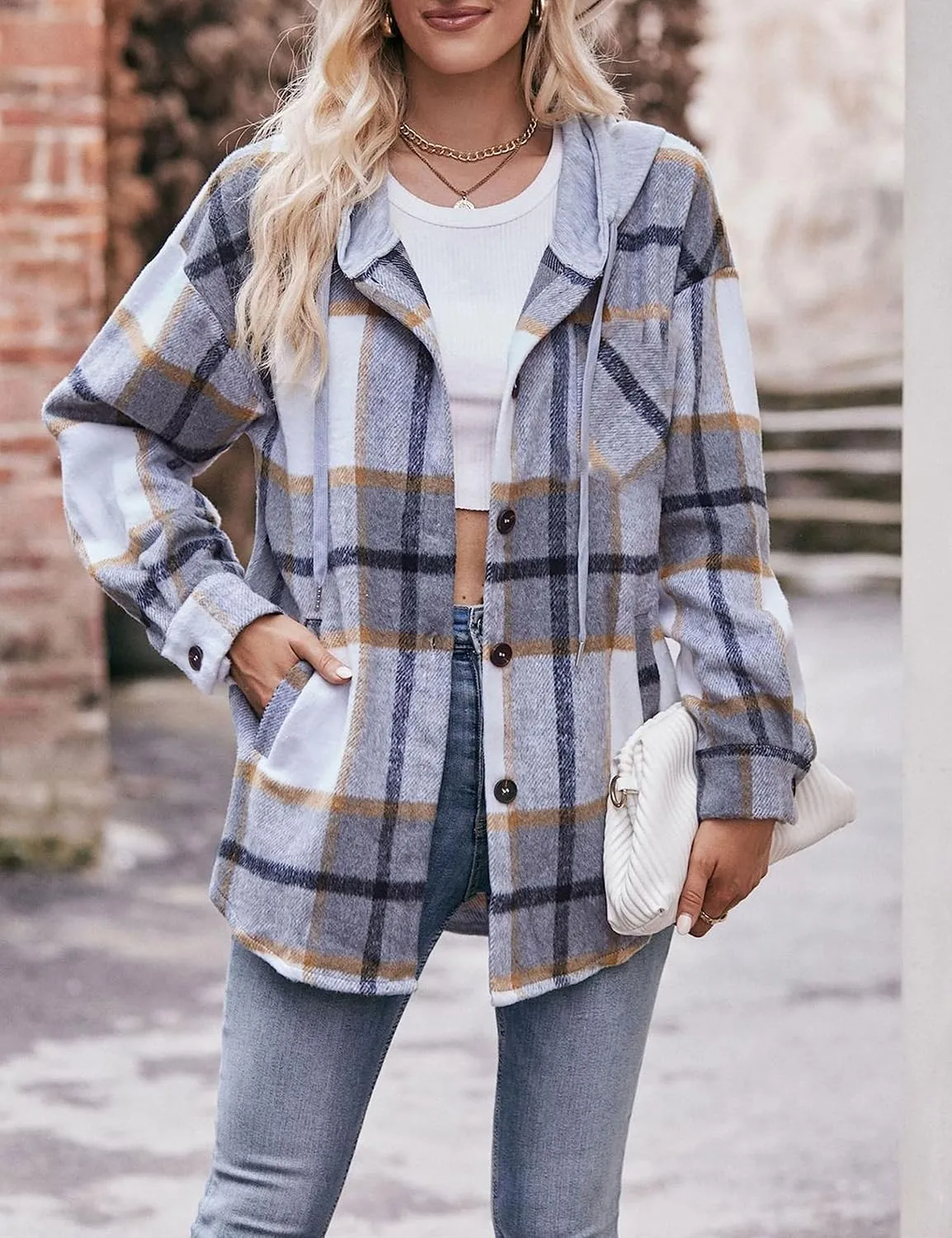 Zontroldy Womens Hooded Shacket Jacket Oversized Casual Flannel Plaid Wool Blend Button Down Shirt Coat Jackets
