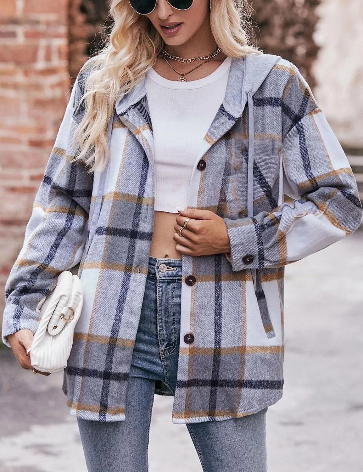 Zontroldy Womens Hooded Shacket Jacket Oversized Casual Flannel Plaid Wool Blend Button Down Shirt Coat Jackets