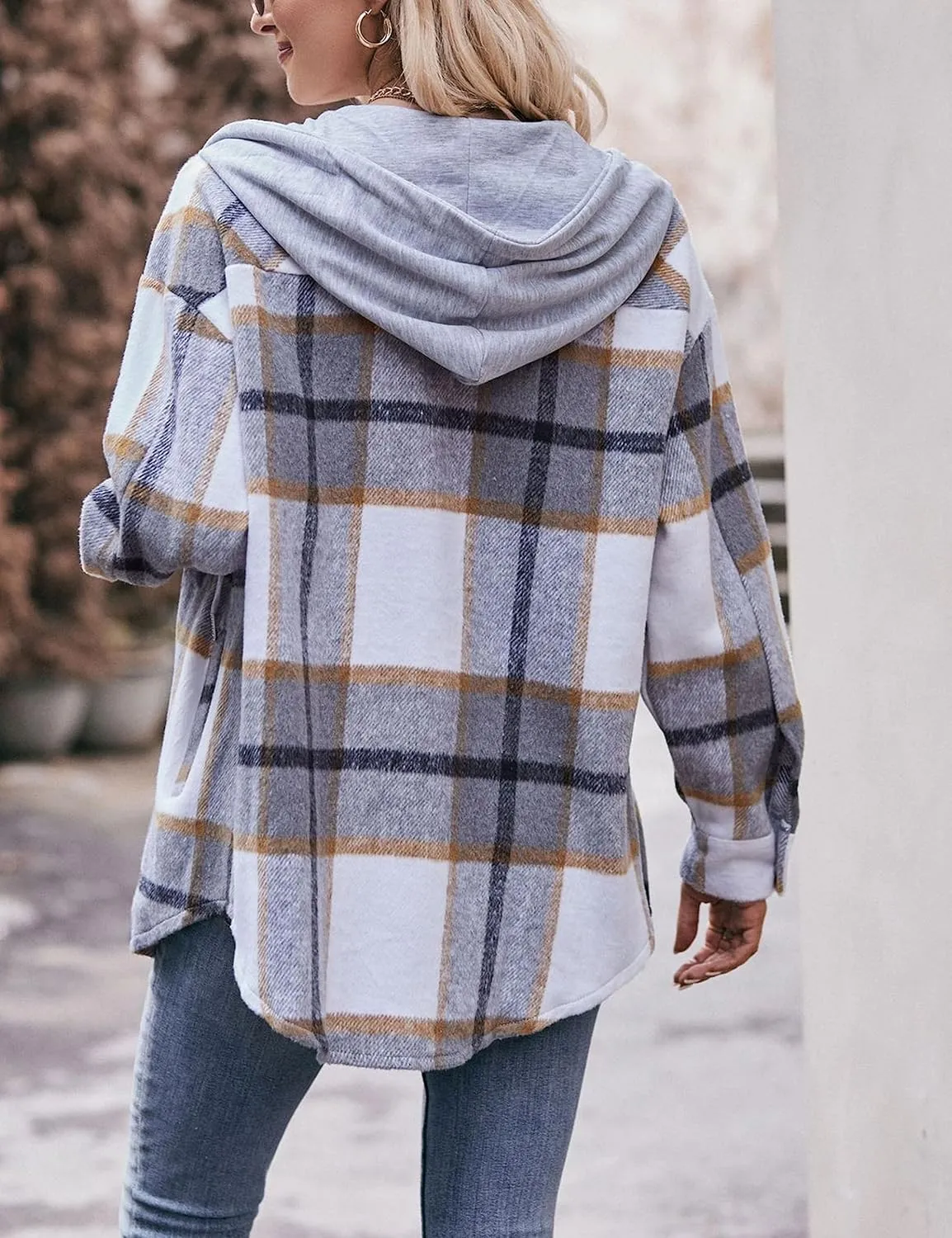 Zontroldy Womens Hooded Shacket Jacket Oversized Casual Flannel Plaid Wool Blend Button Down Shirt Coat Jackets